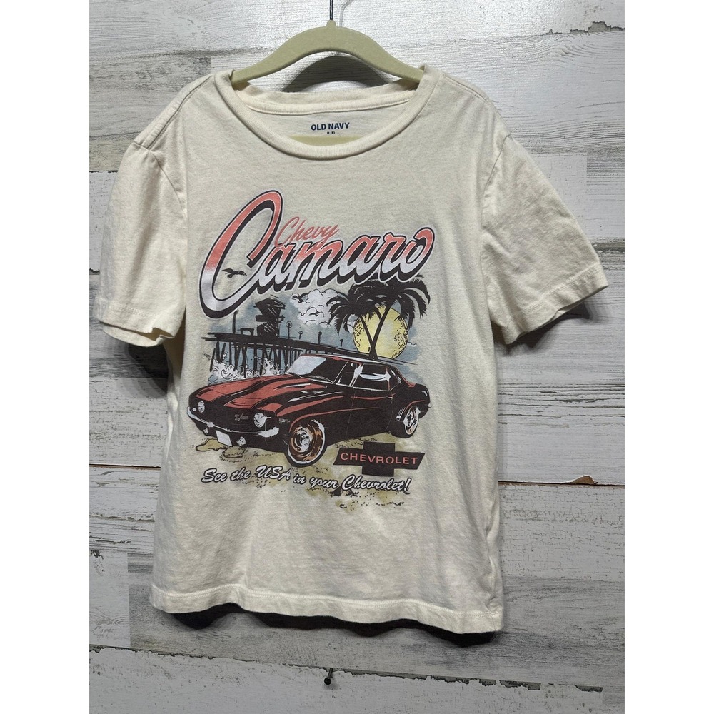 Old Navy Camaro Shirt Boys 8 Medium Cream Graphic Tee Vintage Muscle Car EUC